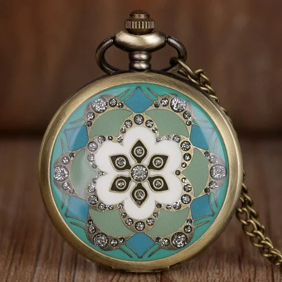 Turquoise NEW NEW Pocket Watch Enamel & Crystal Blue Aqua Floral Pattern - Picture 1 of 3